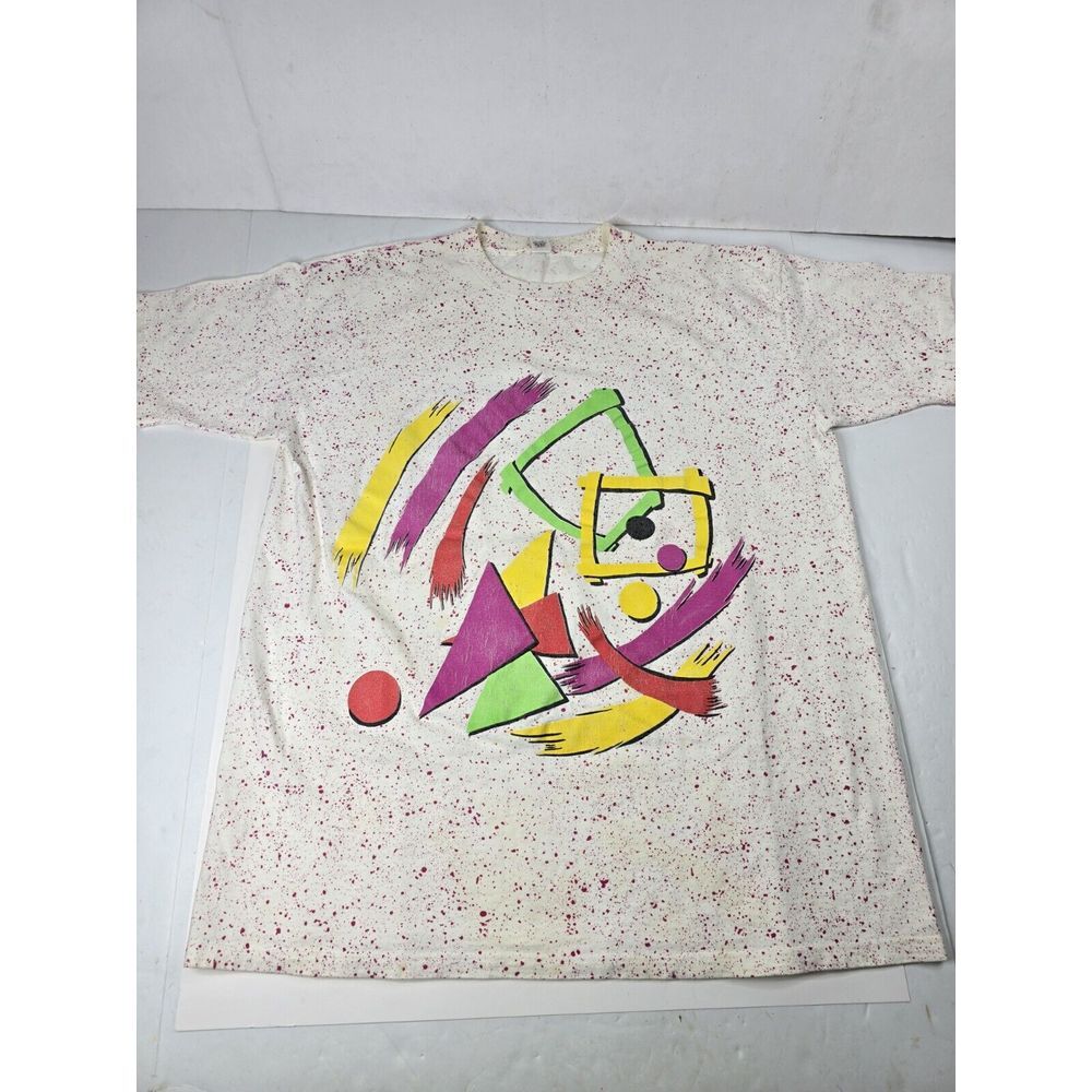 Vtg 90s‎ The Body Co T-shirt Geometric All Over Print 2XL USA Colorful Neon